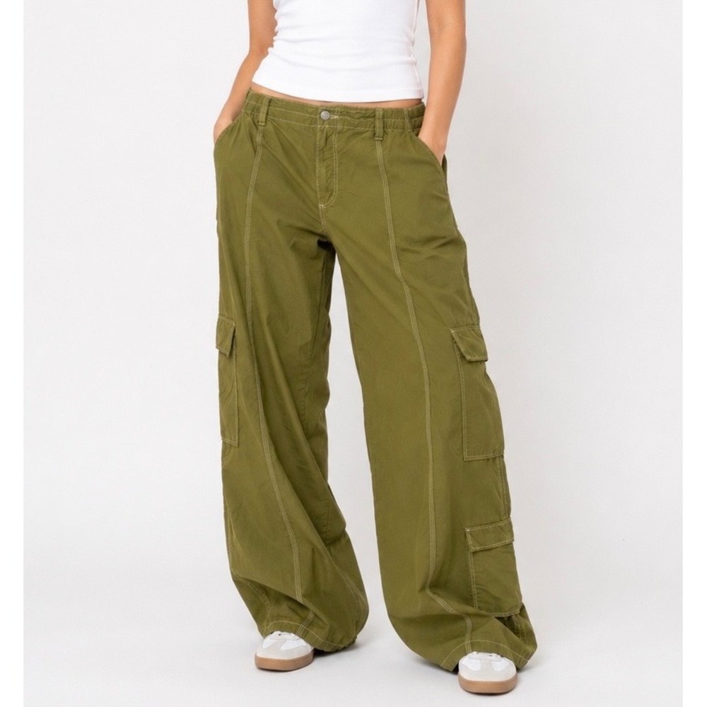 Zara Cargo Parachute Baggy Pants Womens XXL Green Wide Leg Utility Midrise